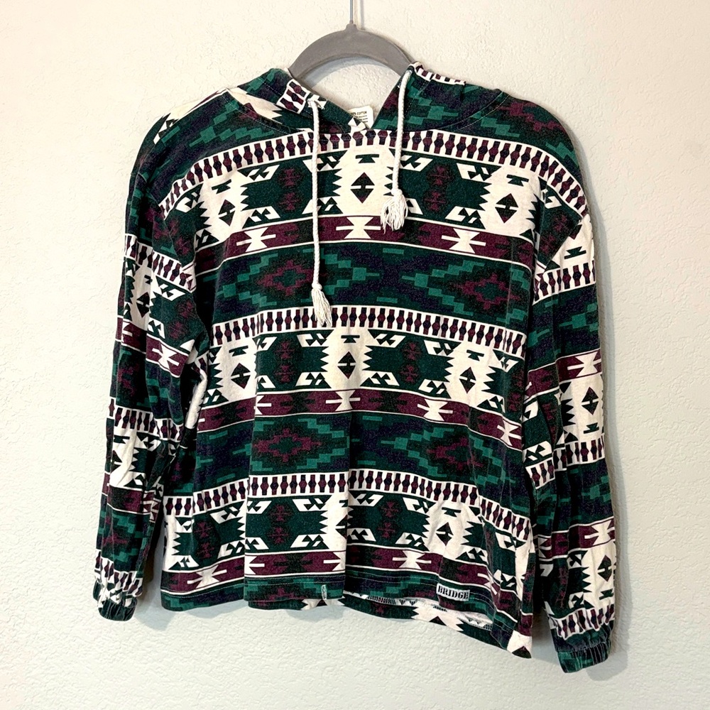 VTG Bridge Tribal Print Aztec Green Maroon Cropped Hooded Shirt S